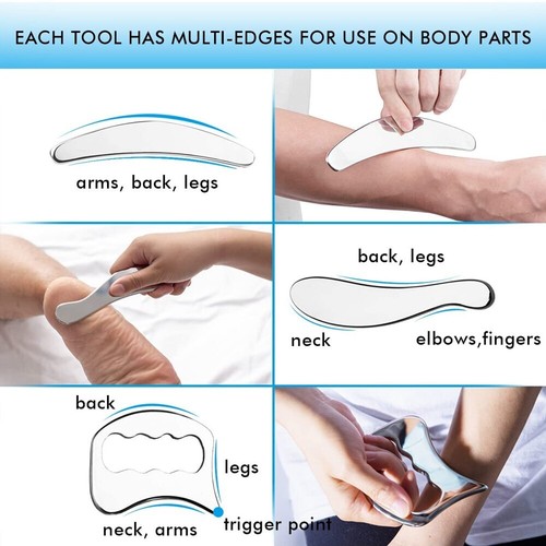 7 PIEZAS Herramientas de raspado de acero inoxidable Gua Sha raspador muscular para tejidos blandos - Imagen 4 de 19