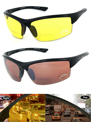 Bifocal Reading Sunglasses Half Rim Wrap Around Sporty Anti Glare DAY NIGHT