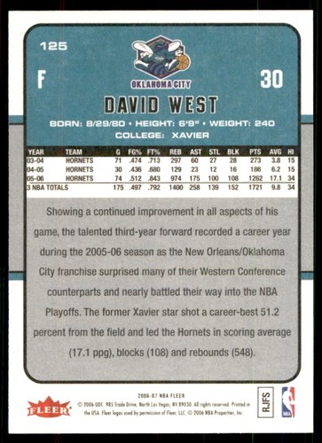 2006-07 Fleer. David West New Orleans Hornets #125 - Picture 2 of 2