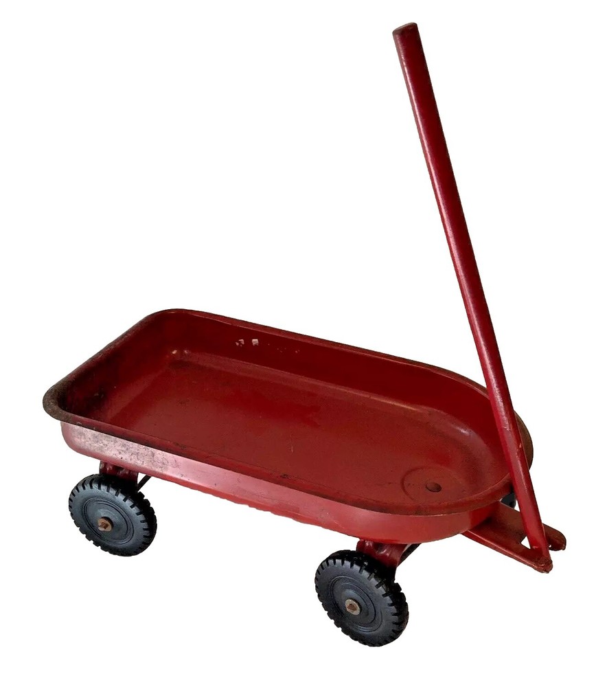 Adorable Antique Red Metal Child’s Wooden Handle Toy Wagon 15
