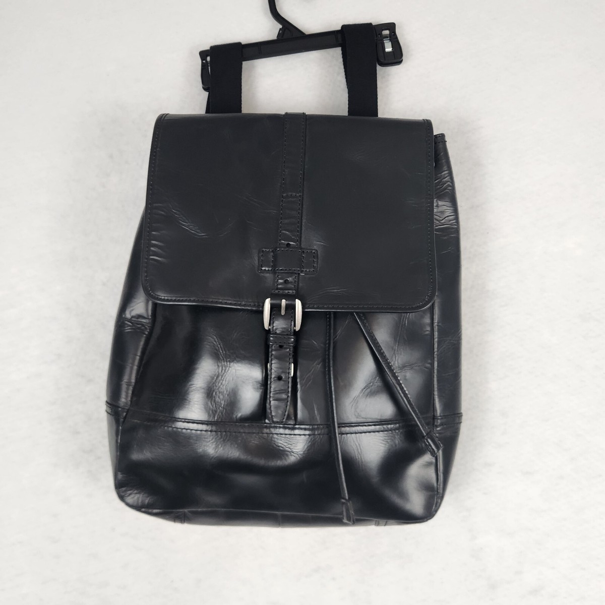 Fossil Rucksack Emerson Black Aged Leather Backpack Flap Drawstring Unisex NWT Fossil Rucksack Black Emerson Leather Woven Canvas  main image 3