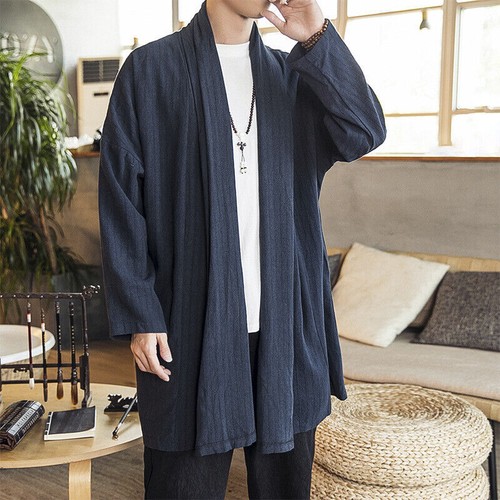 Men Kimono Cardigan Japanese Jacket Linen Coat Yukata Retro Loose Casual Outwear - Picture 1 of 16