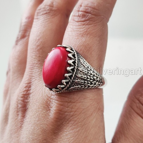 NATURAL RED CORAL GEMSTONE 925 STERLING SILVER CHRISTMAS TURKISH HEAVY MENS RING - Picture 4 of 6