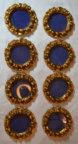 Small round frames gilt Italy 2 1/4" diameter 3 7/8" overall set of 8 hook 2 han