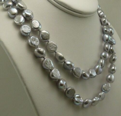 Freshwater Gray Baroque Pearl Necklace 14K White Gold Fish Lock 36" - Picture 3 of 4