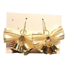 Jingle Bell Gold Tone Bow Pierced Dangle Earrings Christmas New Years 1 in long