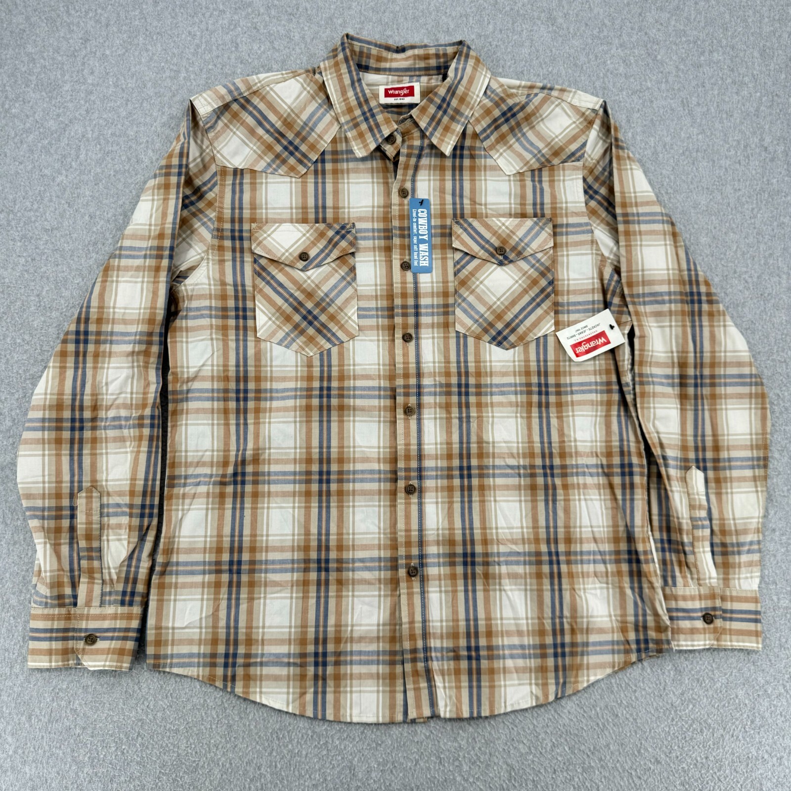 Wrangler Shirt Men's Large Brown Plaid L/S Western Button Up Chest Pockets NWT
