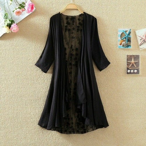 Women Linen Cotton Duster Coat Mesh Net Floral Pleated Hem Summer Loose Cardigan - Picture 3 of 15