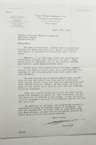 1940 Lamson Goodnow Otto Gerdau Co NYC India Sales Letter Ephemera P1571E - Picture 1 of 4