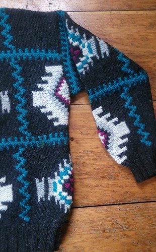 Vintage 90s Wool Sweater Thick Heavyweight Hippie Aztec Design Gray Medium Men - Picture 6 of 11