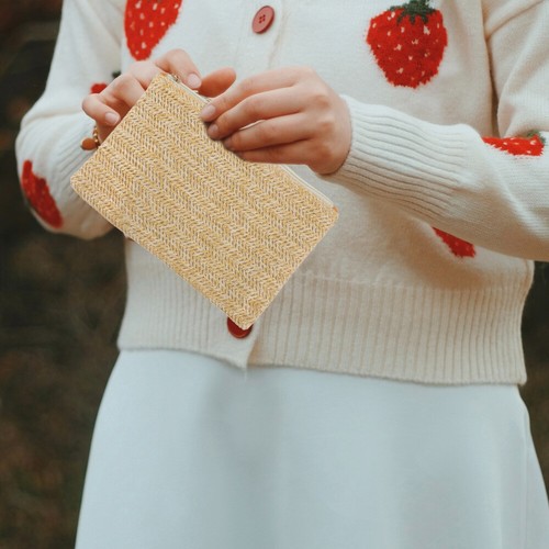 1 pieza Bolso sin asas con cremallera de paja Muñequera Bolso de mano Cartera de verano para mujer - Imagen 3 de 12