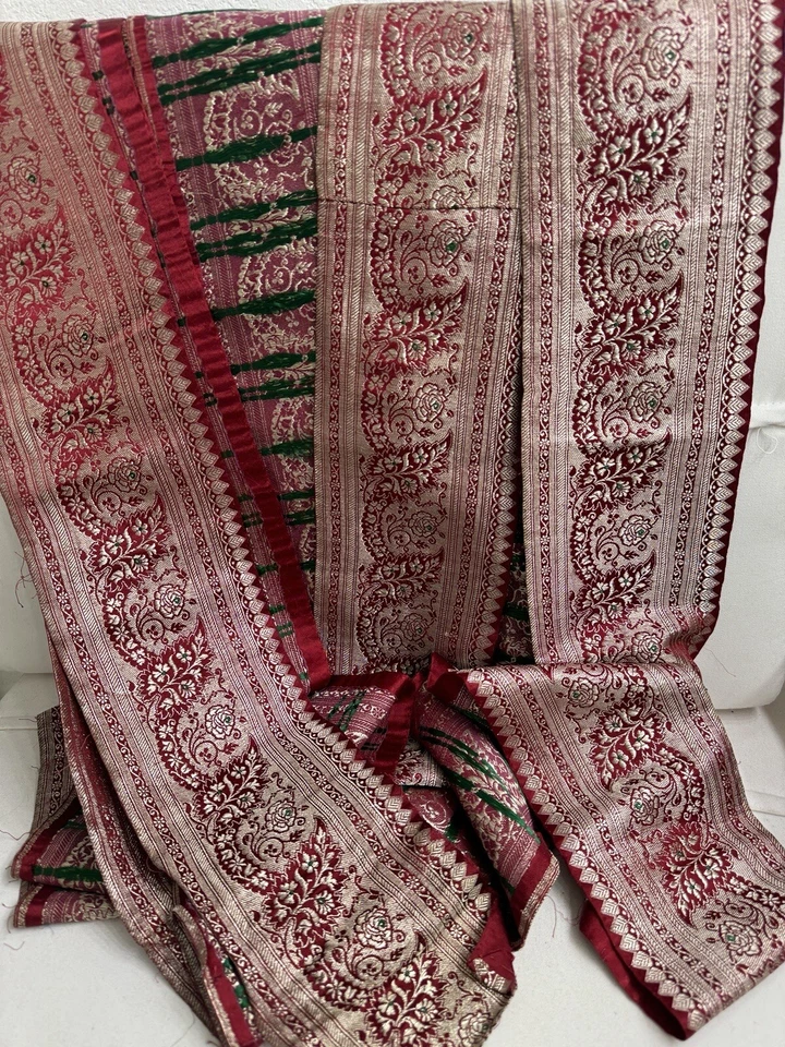 古董老式/复古深红重丝绸锦缎丝带用金属线制成 5 英寸 x 50 英寸 — 第 4/4 张图片