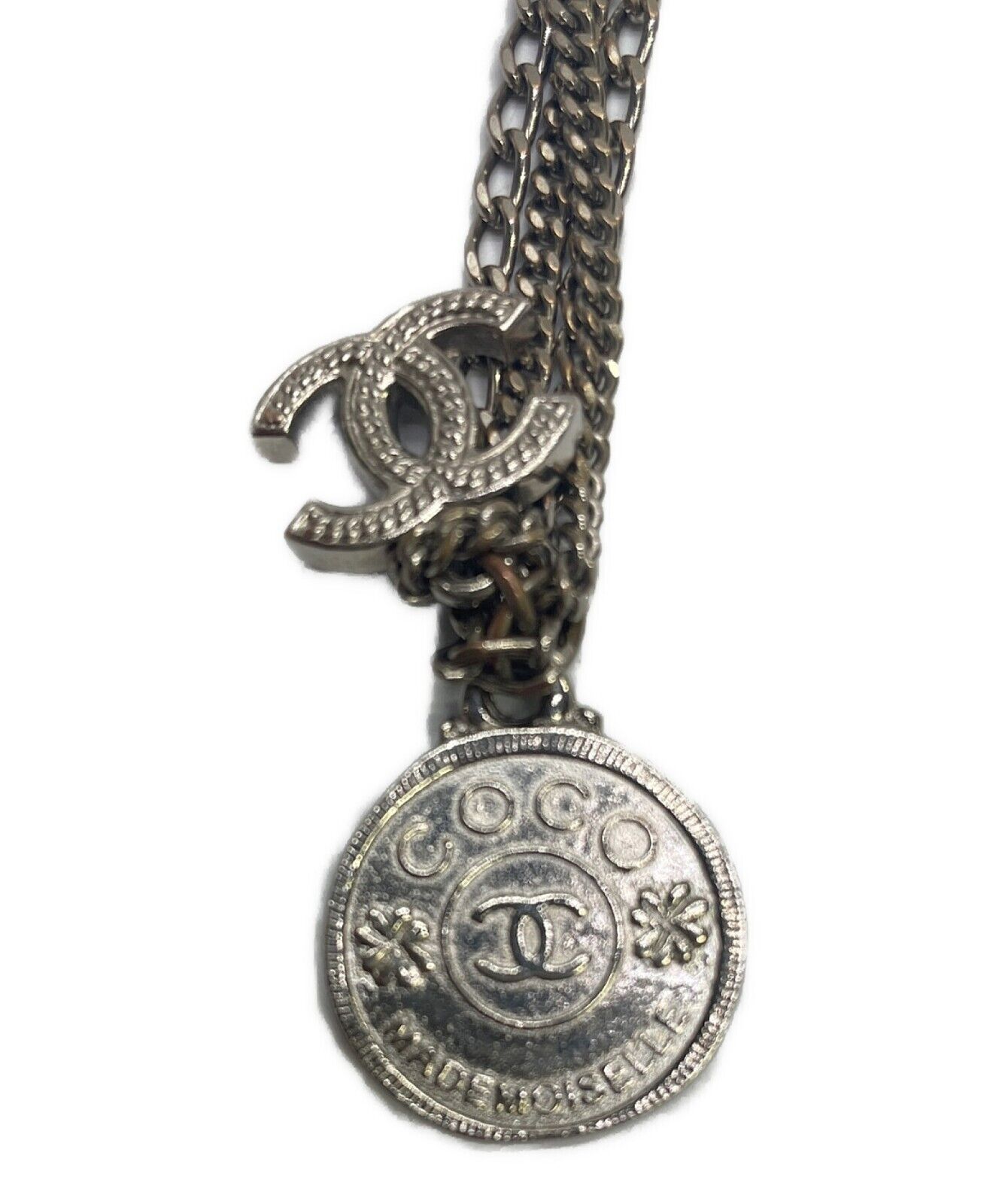CHANEL Necklace Chain AUTH Coco Vintage Rare Silver Medal Coin Plate CC F/S