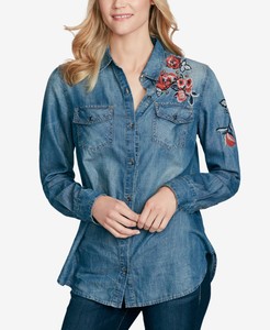 Jessica-Simpson-NEW-Blue-Junior-039-s-Size-Large-L-Floral-Button-Down-Shirt-79-357
