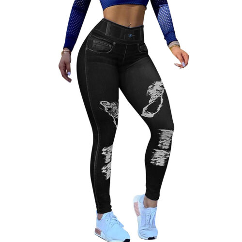 Women Solid Stretchy Leggings Denim Look Jeans Ripped Jeggings Pants Trousers - Picture 17 of 23