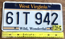 License Plate, West Virginia, Wild, Wonderful, 2019, 61T 942