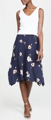 VINCE Tossed Poppy Pleated Floral Midi Knee Length Skirt in Marine Size S