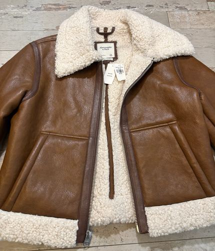 Abercrombie & Fitch Damen MED Braun Vegan Leder Flieger Bomber Jacke Sherpa - Bild 13 von 22