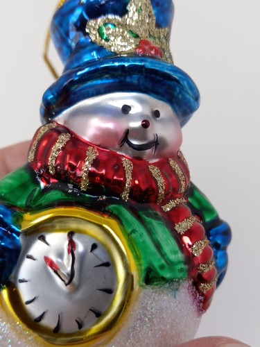 Mini Snowman Glass Ornament New Years Clock Sparkly Christmas 3" - Picture 5 of 8