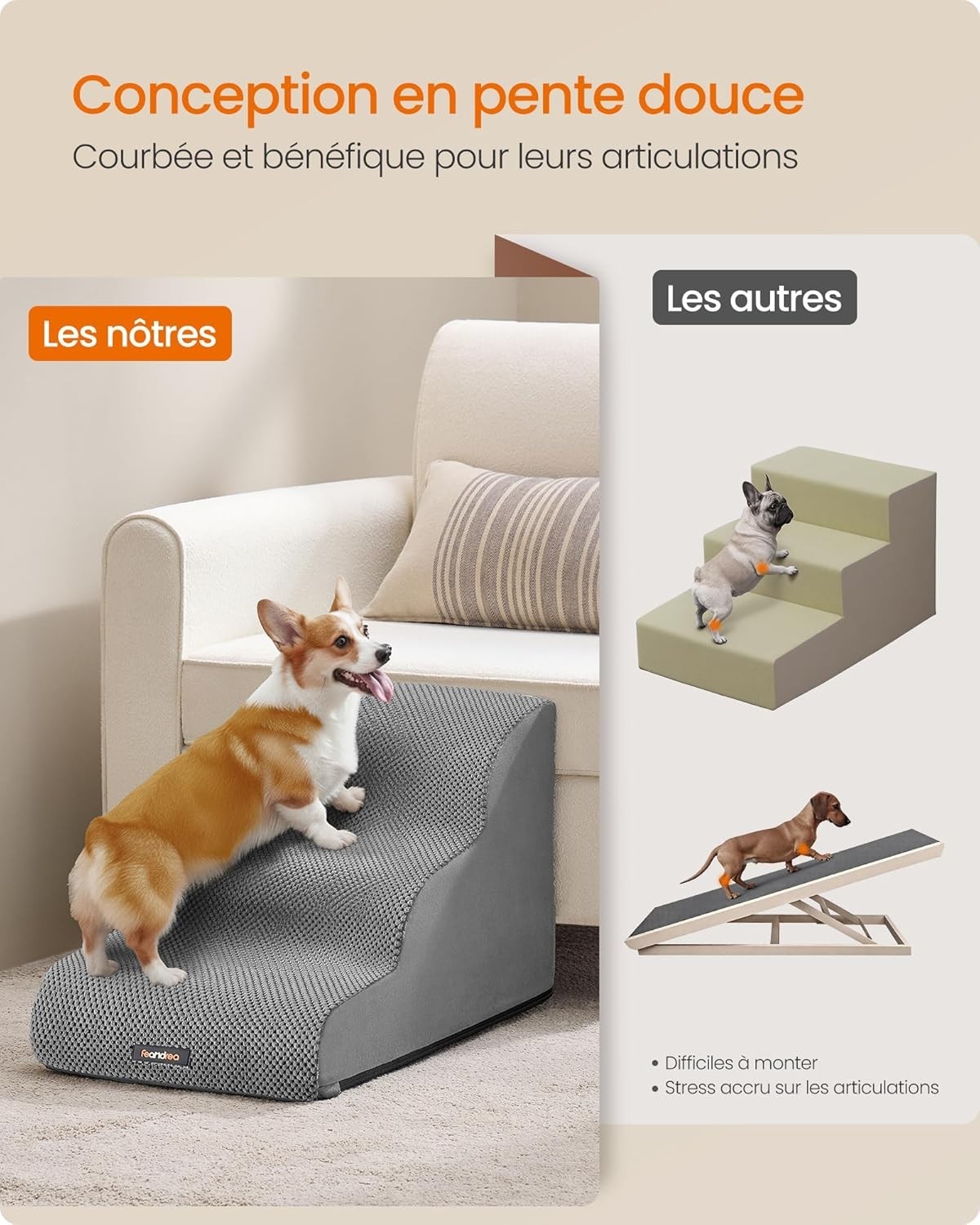 Escalier pour chien petit gabarit rampe mousse 3 marches déhoussable