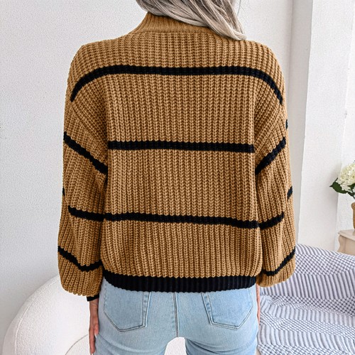 Damen Grobstrick Rollkragen Pullover Streifen Winter Sweater Warm Langarm - Bild 9 von 23