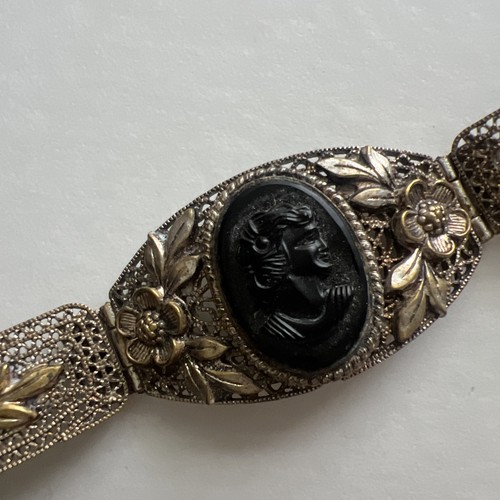 Vintage Black Cameo Victorian Revival Bracelet Antique Czechoslovakia - Picture 7 of 11