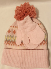 Youth Girls Knit Pom Winter Hat  Mittens Set Pink Diamond Pattern One Size NEW