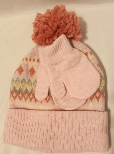 Jugend Mädchen Stricken Pom Winter Mütze & Fäustlinge Set Rosa Rautenmuster Einheitsgröße NEU - Bild 1 von 4