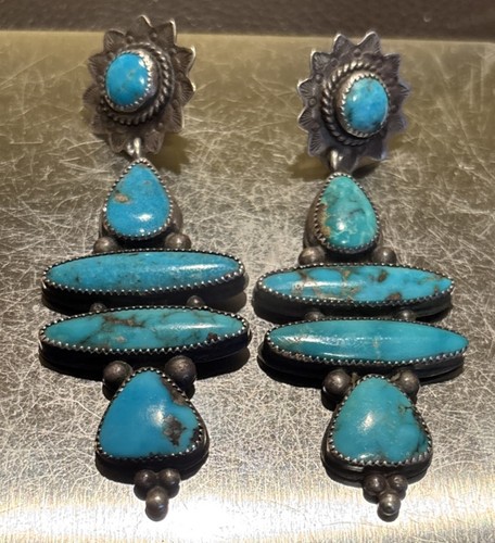 Exquisite 3,5 Tropfen Vintage Ron Wesley Taos NM Sterling Silber Türkis Ohrringe - Bild 1 von 14