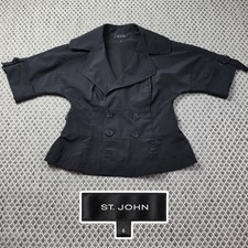 St. John Womens Size 6 Black Short Sleeve Jacket Crystal Buttons Double Breasted