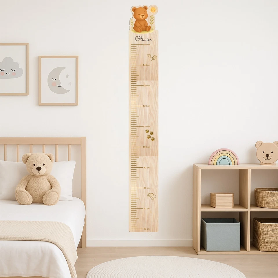 Personalised Custom Wood Height Growth Chart Teddy Bear Animals Design Add Name - Image 2 of 4