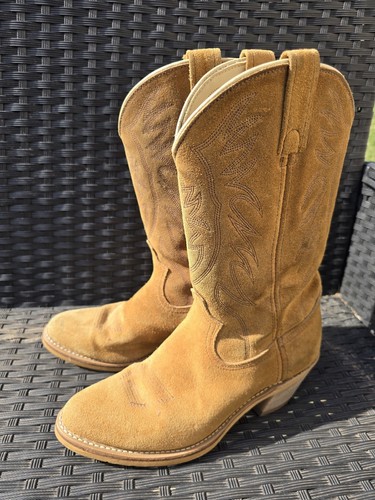 Western Cowboy Suede Mens Beige Rough Out Boots Size 8 D Round Toe
