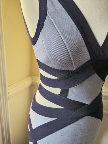 Celeb Boutique XS Blue Black Strappy Cut Out Sexy Bodycon Bandage Dress Mini 00s - Picture 2 of 6