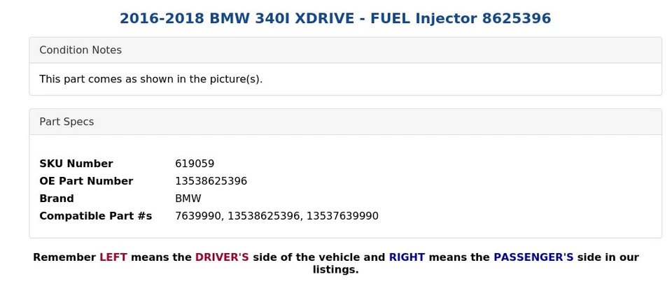 BMW 340I XDRIVE 2016-2018 - Inyector de combustible 8625396 Foto 3 de 4