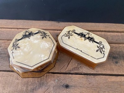 VTG Art Deco Cambridge Glass Amber Dresser Box and Powder Jar W/Celluloid Lids