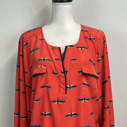 Style & Co Blouse Tunic size XL Red Blue Dragon Fly Butterfly Modest Career - Picture 3 of 8