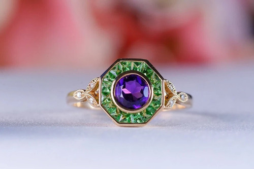 Art Deco Vintage Style Lab Created Amethyst & Emerald  Wedding 14K Gold FN Ring