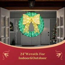 24in Pre-lit Christmas Wreath with LED Light, Holiday for In/Outdoor Decorations