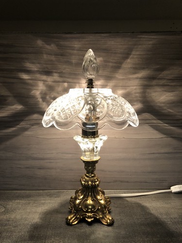 Vtg Heavy Cut Lead Crystal Glass Gold Metal Base Boudoir Lamp Hollywood Regency - Picture 5 of 20