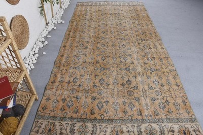 Turkish 4,5x9,5 ft Rug, Vintage Rug, Beige Floral Rug Wool