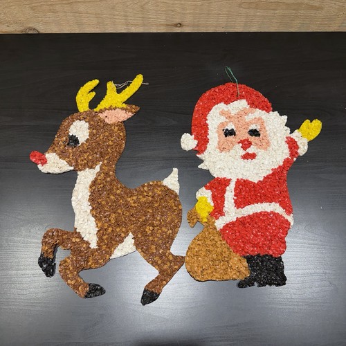 Vintage Christmas Melted Plastic Popcorn Santa Claus and Rudolph Decoration 18"  - Picture 1 of 13