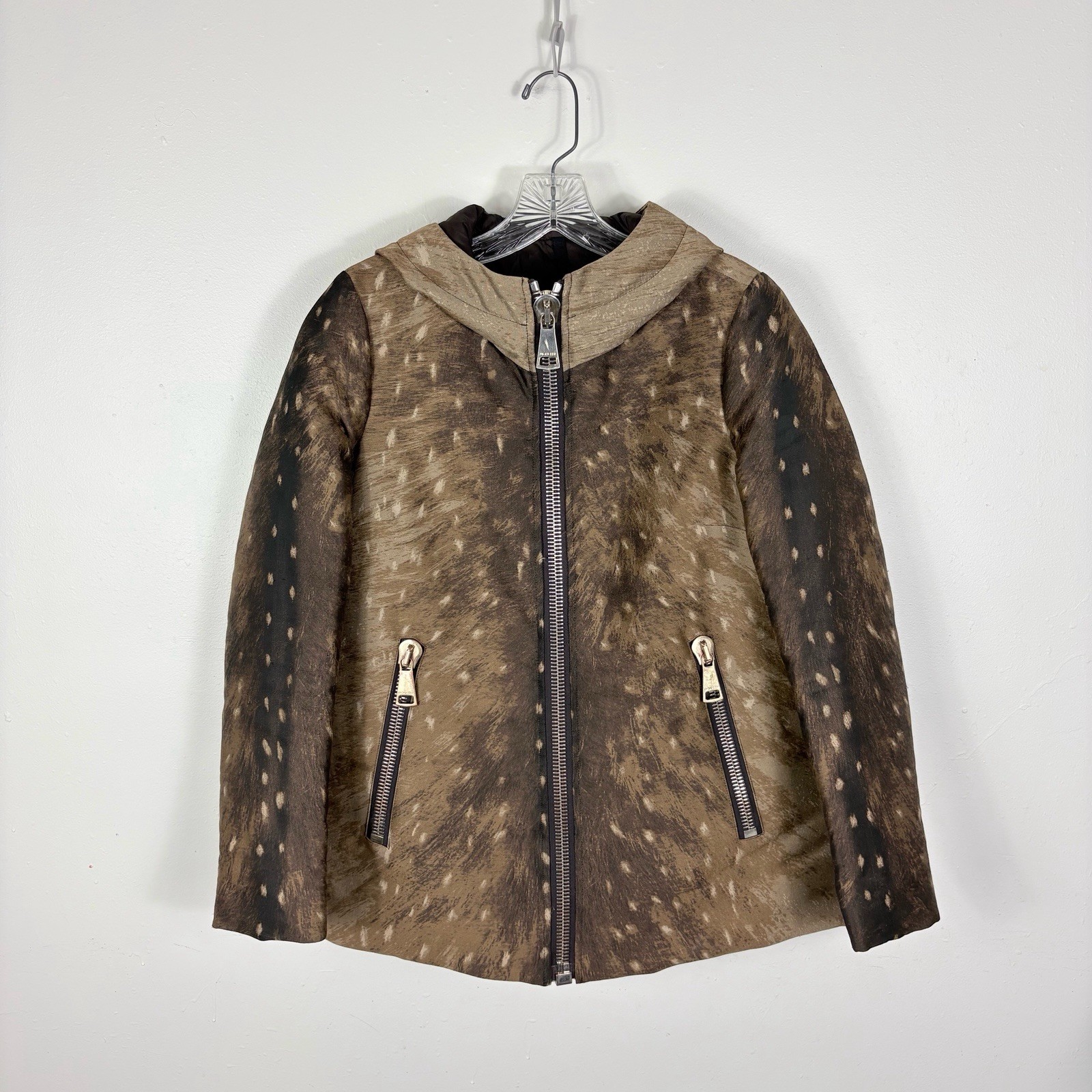 MONCLER Arbu Down Jacket Women’s 0 XS Brown Deer Print Hooded Designer READ