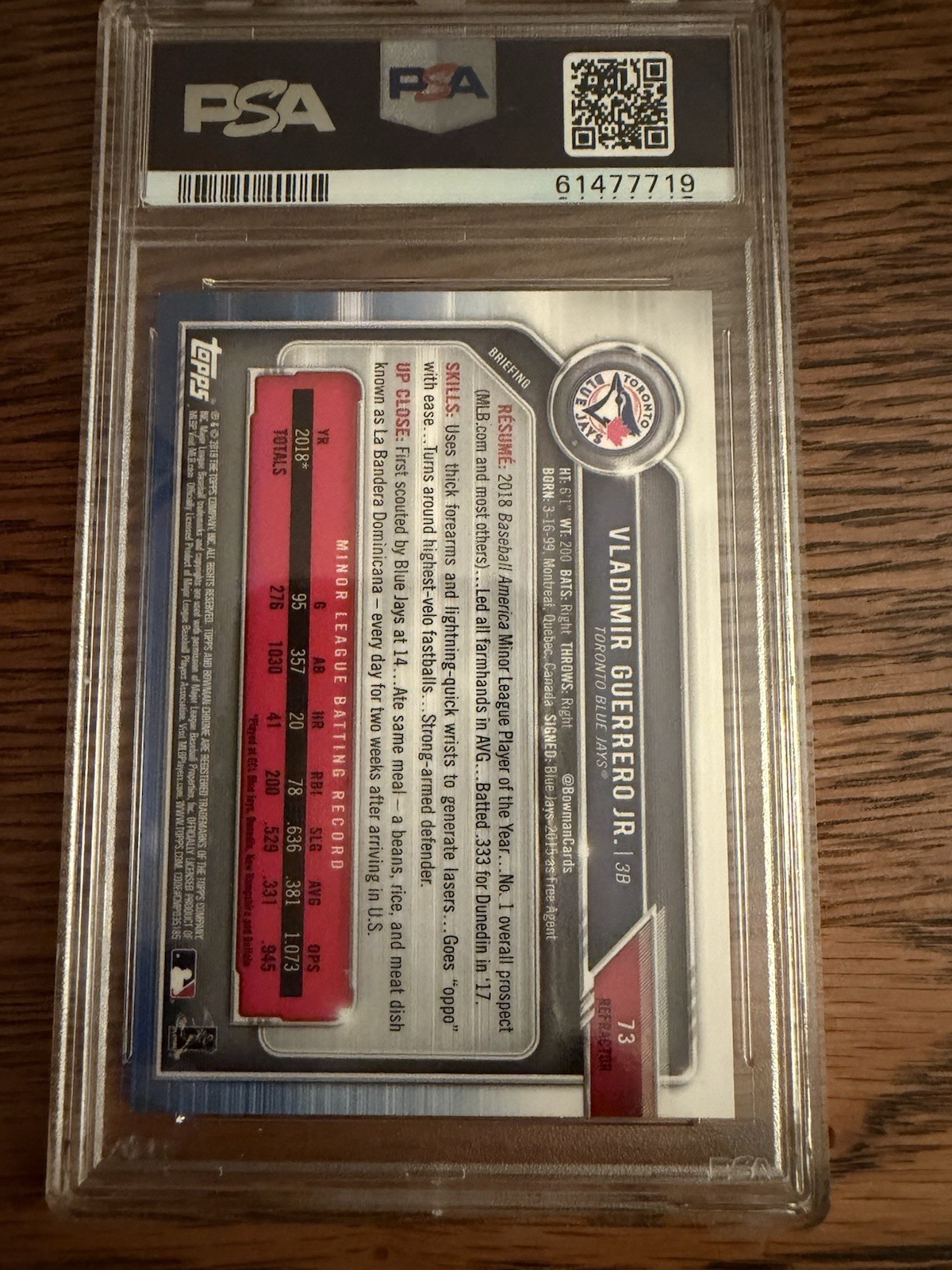2019 Bowman Chrome Refractor Vladimir Guerrero Jr. #73 Refractor  (RC) PSA 9 view 2