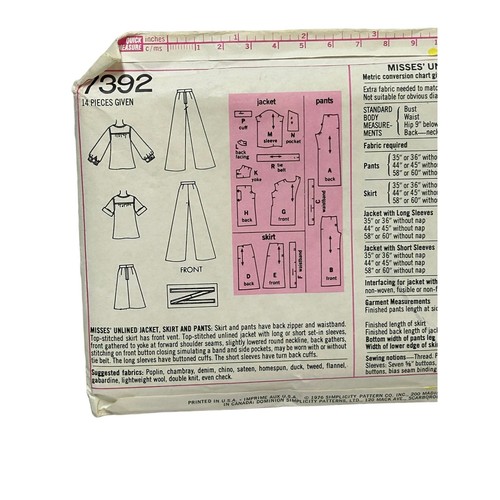Vintage Simplicity Pattern 7392 Unlined Jacket Skirt Pants Cut Size 16 c.1970s - Picture 4 of 7