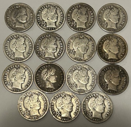 Lot of 15 Barber 90% Silver Dimes Mixed Dates & Mints - All 100+ Years Old! Vf