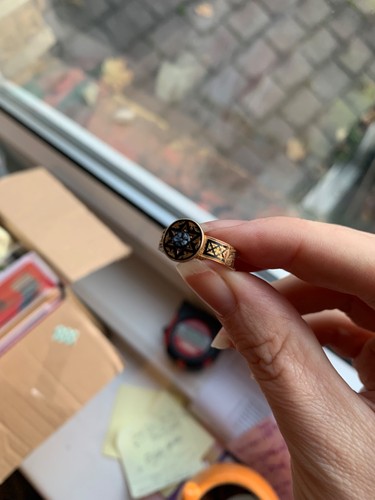 Antique Victorian Mourning Ring 15ct Gold Star Black Enamel Blue Sardonyx Flower - Picture 6 of 20