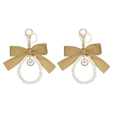 2Pcs Ribbon Bow Keychain, Cute Pearl Wristlet Keychain Bow Charm, Champagne Gold
