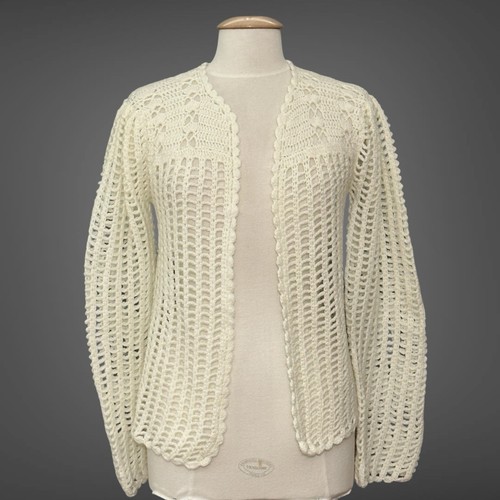 Maglione donna vintage Cottagecore M bianco aperto uncinetto cardigan classico femminile - Foto 12 di 12