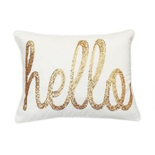 Thro "Hello" Sequin Script Faux Linen Egret Gold 14"x18" Decorative Pillow