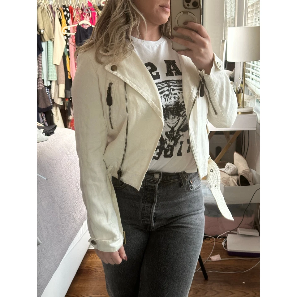 Burberry Brit Patchford Parchment Linen Moto Biker Full Zip Belted Jacket Size 4 - Image 4 of 4